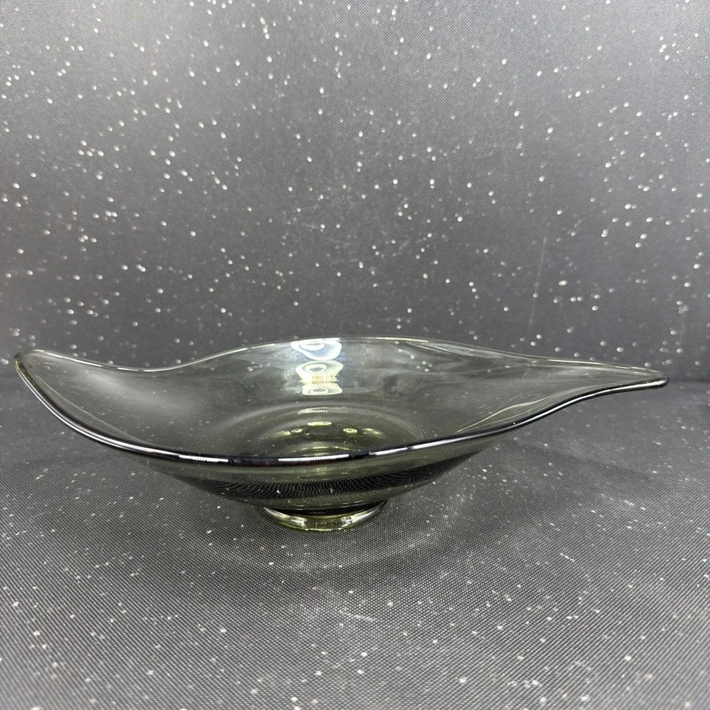 Viking Mid Century Modern Smokey Olive Green Hand Blown Glass Centerpiece Bowl